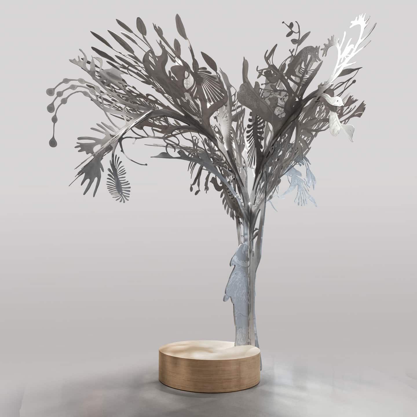<u>Alex Fischer</u> &amp; <u>Qavavau Manumie</u>, <em>Story Tree</em>, 2020, ≅15'×15'∅ aluminium tree, acrylic paint, pine base with steel counterweight, on display at Yorkdale Mall, Toronto, Canada