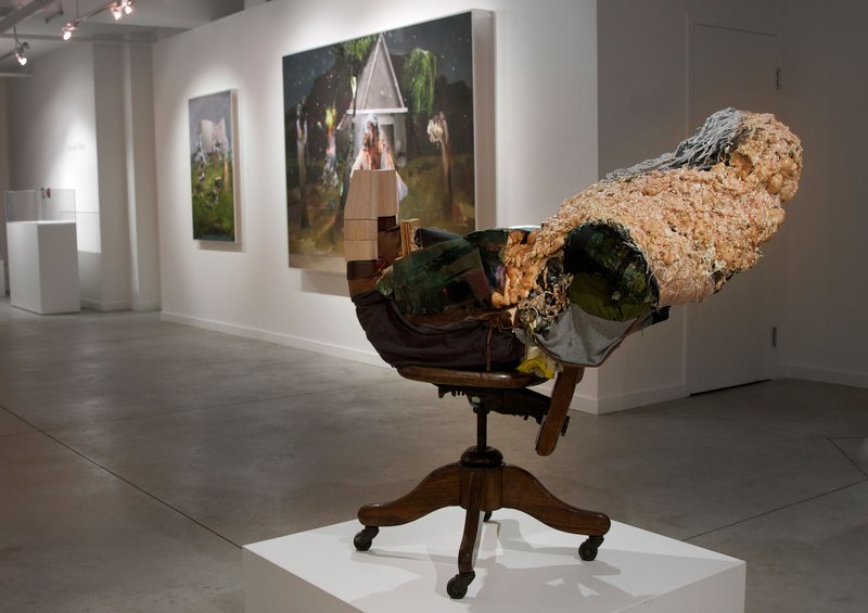 Knight (alternate), 2010, 36 × 48 × 50 in, wood, paper, fabric clothing, rubber, “bondi blue” imac g3 frame, hockey pads, leather, sequins, wire, steel, caulk, plastic, thread, glue, acrylic paint, spray paint, foam insulation, other found objects