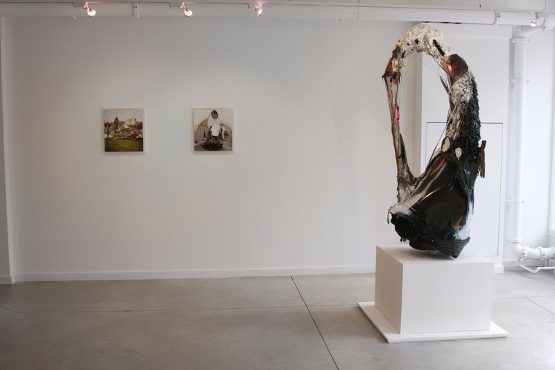 Grandfather Wreath, 2010, 100 × 36 × 36 in, wood, sawdust, paper, canvas, fabric clothing, casio watch, sequins, wire, steel, caulk, plastic, thread, yarn, beads, glue, acrylic paint, spray paint, foam insulation, and other found objects