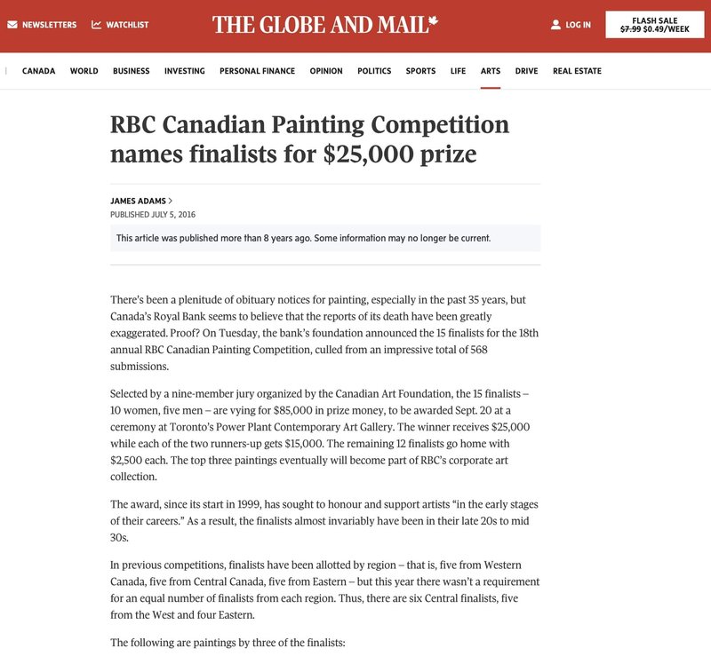 RBC Canadian Painting Competition names finalists for $25,000 prize The Globe and Mail, 2016