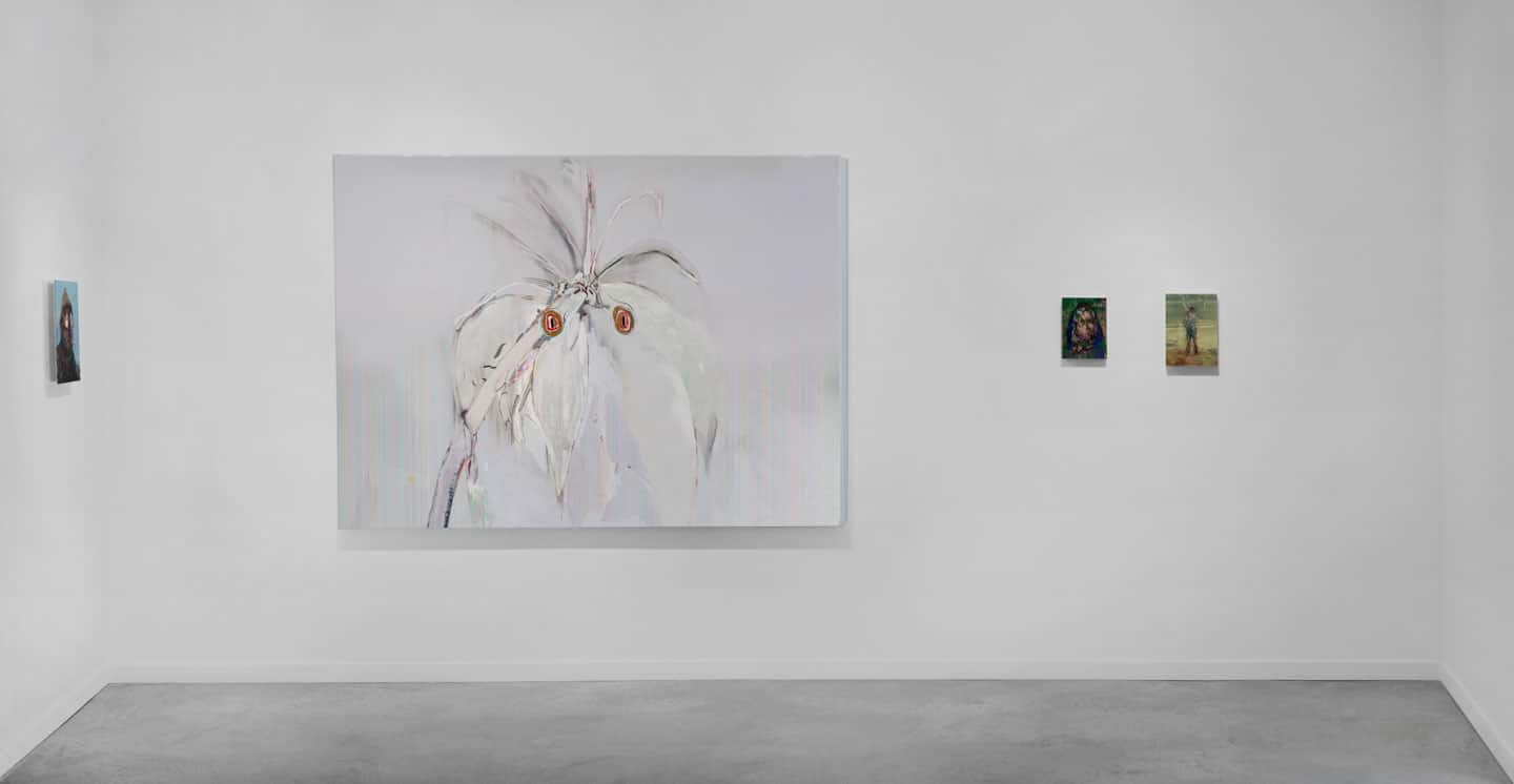 Alex Fischer, (FAR LEFT) Bluenose, 2011. (CENTER) Parrots, 2011. (RIGHT) Myrrha, 2011, (FAR RIGHT) Artists Image, 2011 installed in 'Beyond The Fall' at O'Born Contemporary