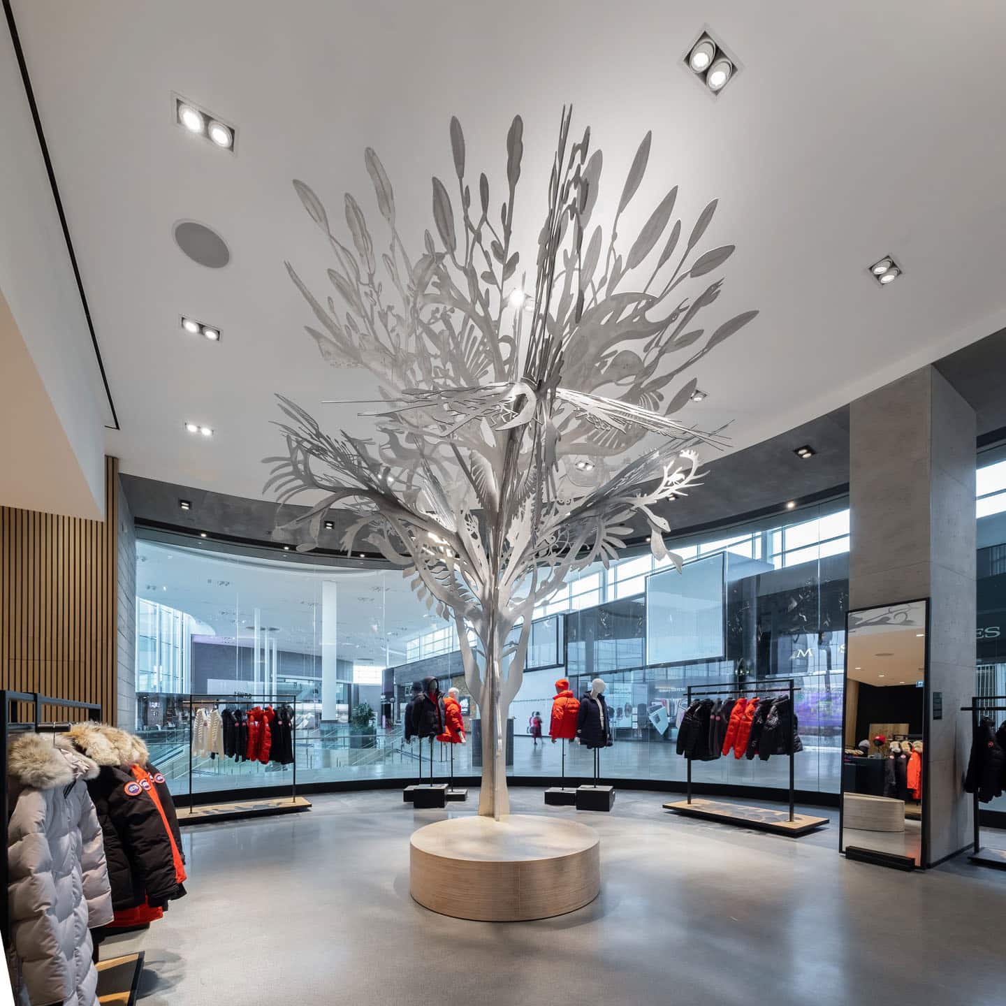 Alex Fischer &amp; Qavavau Manumie, Story Tree, 2020, in situ Canada Goose, Yorkdale Mall, Toronto, Canada