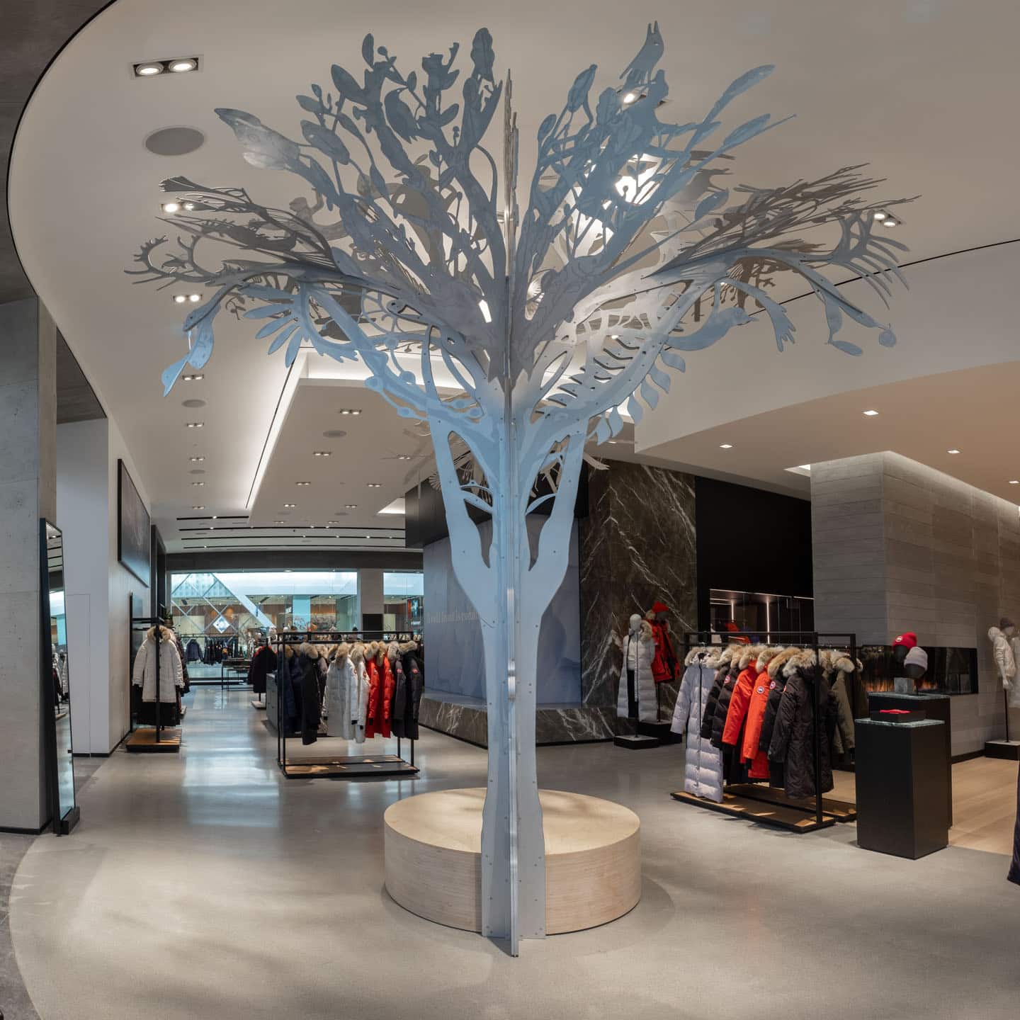 Alex Fischer &amp; Qavavau Manumie, Story Tree, 2020, in situ Canada Goose, Yorkdale Mall, Toronto, Canada