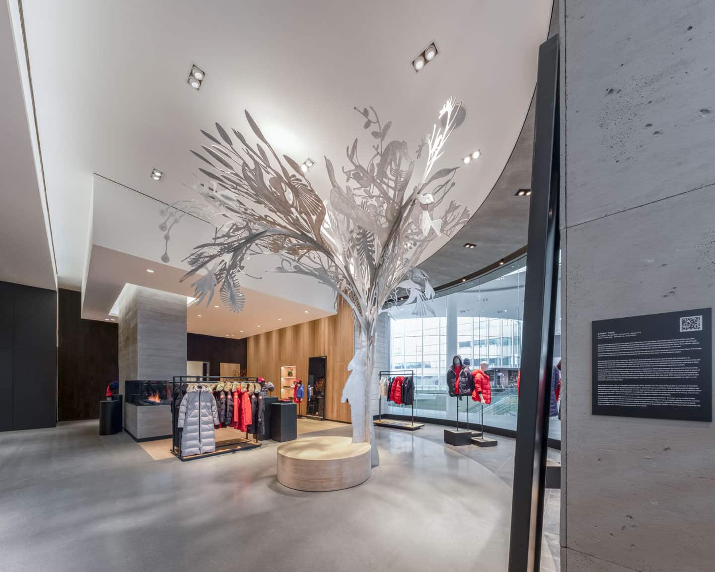 Alex Fischer &amp; Qavavau Manumie, Story Tree, 2020, in situ Canada Goose, Yorkdale Mall, Toronto, Canada