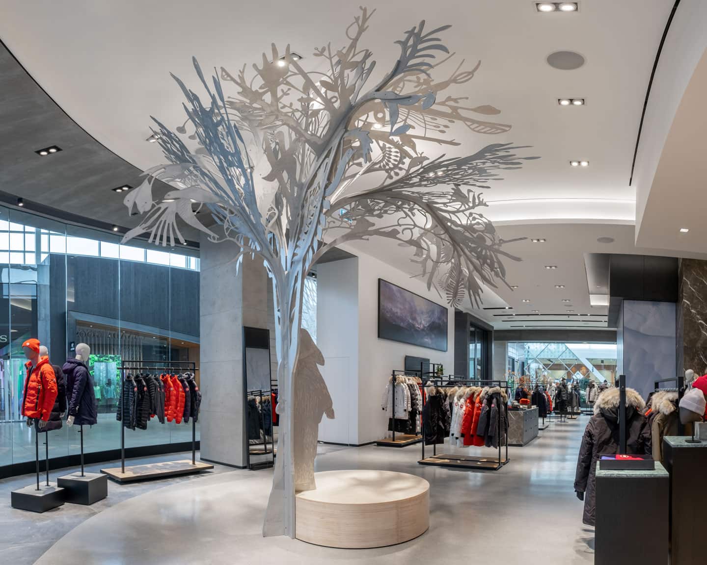 Alex Fischer &amp; Qavavau Manumie, Story Tree, 2020, in situ Canada Goose, Yorkdale Mall, Toronto, Canada