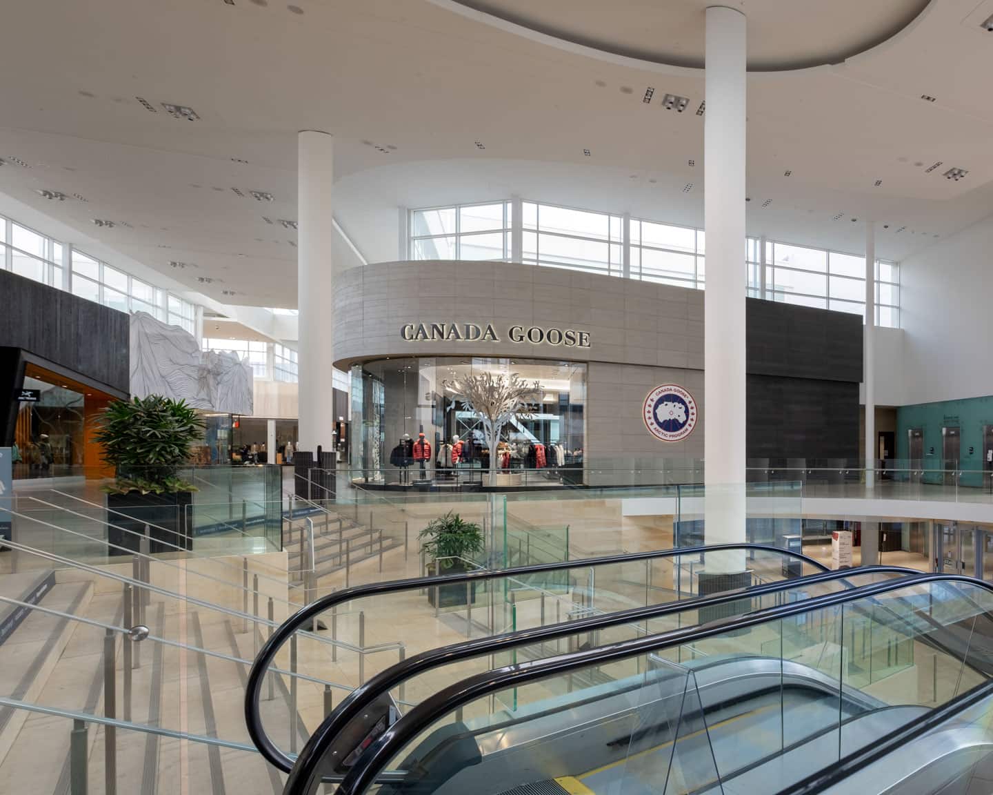Alex Fischer &amp; Qavavau Manumie, Story Tree, 2020, in situ Canada Goose, Yorkdale Mall, Toronto, Canada