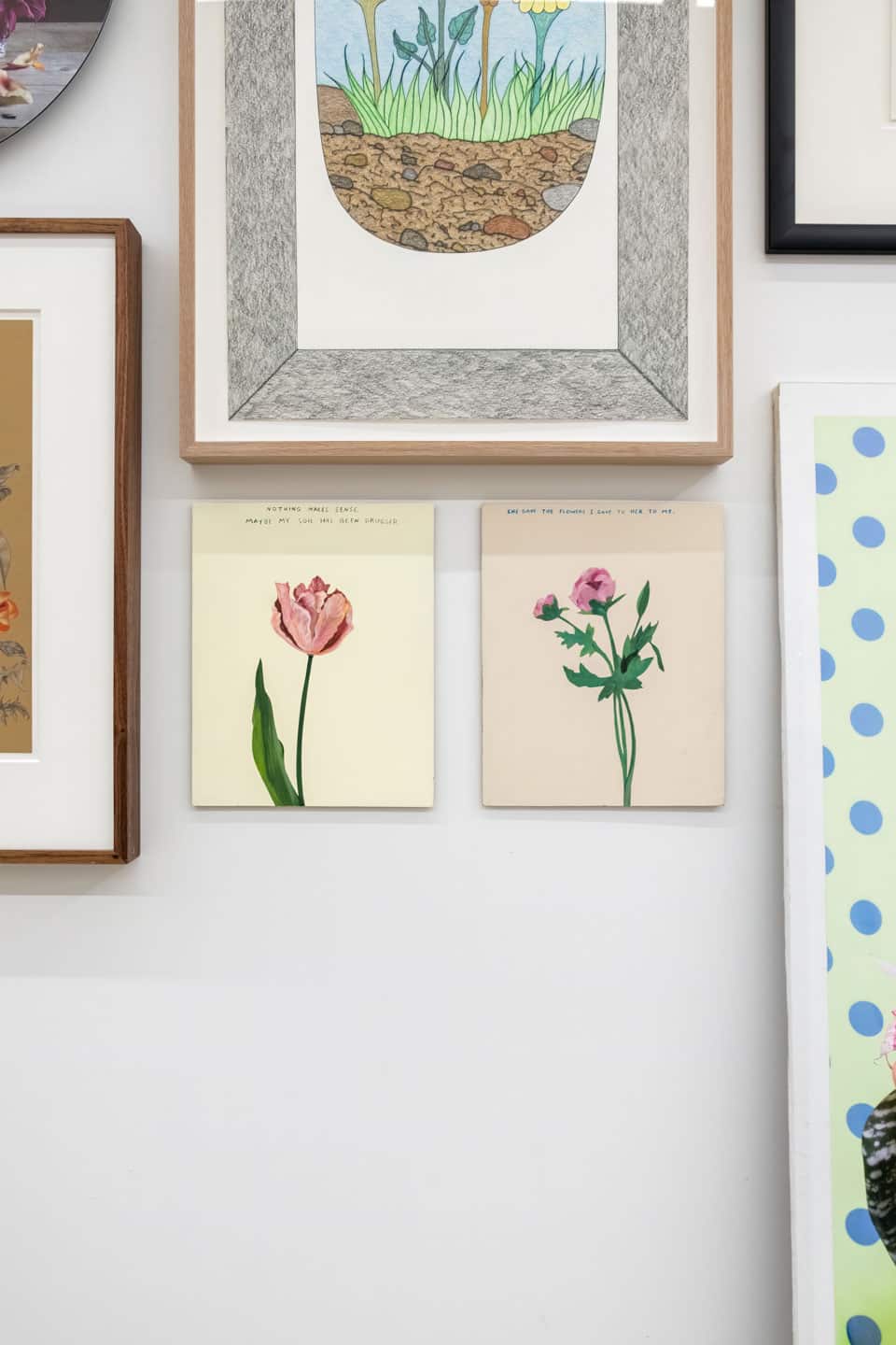 Michael Dumontier + Neil Farber, Nothing Makes Sense. Maybe My Soil Has Been Drugged, 2019 & She gave the flowers I gave to her to me, 2017, both 254×203mm / 10×8in acrylic on panel