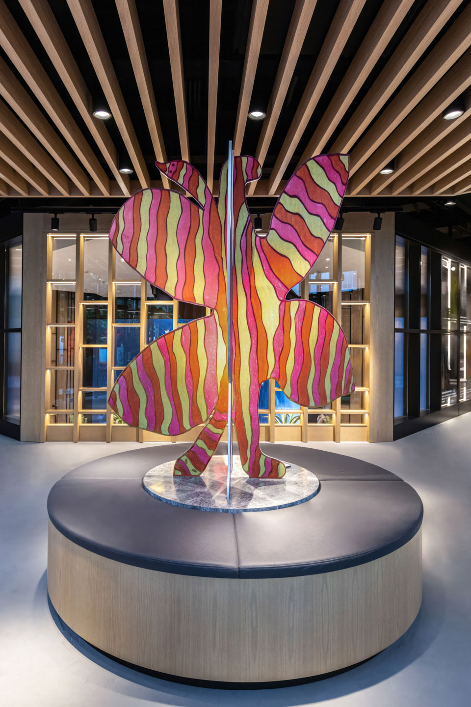 Saimaiyu Akesuk &amp; Alex Fischer, As a Bird, 2023, 84&times;58&times;58 in interlocking waterjet cut aluminum panels with painted and trimmed gicée surface treatment