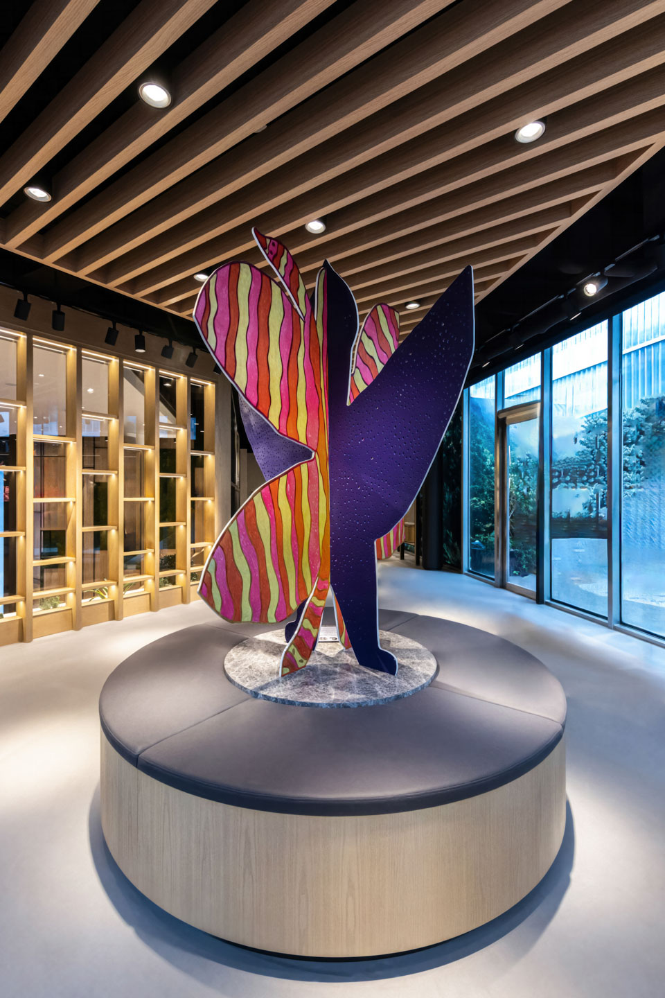 Saimaiyu Akesuk &amp; Alex Fischer, As a Bird, 2023, 84&times;58&times;58 in interlocking waterjet cut aluminum panels with painted and trimmed gicée surface treatment