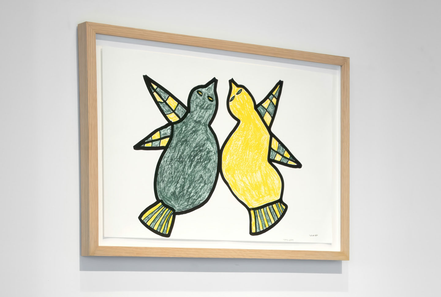 Saimaiyu Akesuk, Mating Birds, 2023, 15&times;23 in coloured pencil and ink. photo by Robin Hill