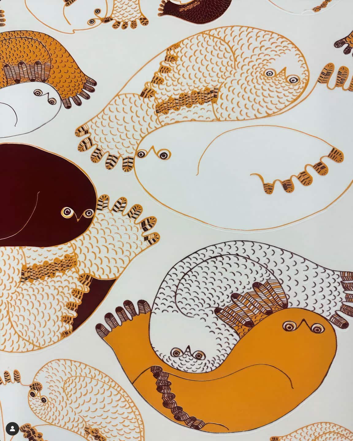 Ningiukulu Teevee, Birds, 2023, sample crop of 122&times;39&frac12; silk-screened tapestry. Pattern designed by Alex Fischer from comissioned drawings by Ningiukulu Teeve.