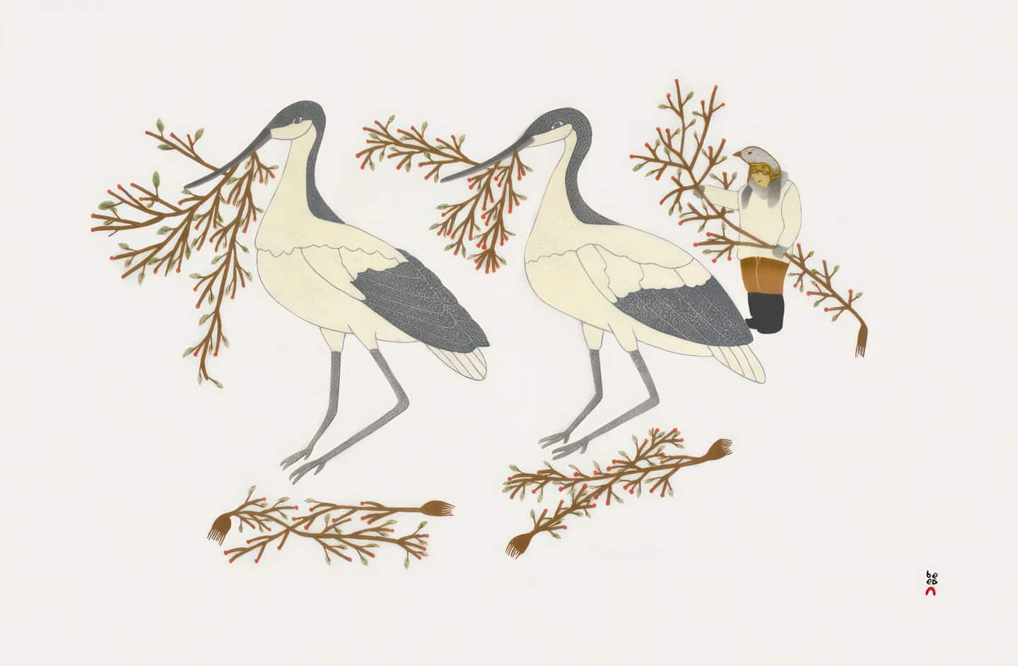 Qavavau Manumie, Collecting Berries, 2022, 24⅜&times;38 in stonecut & stencil